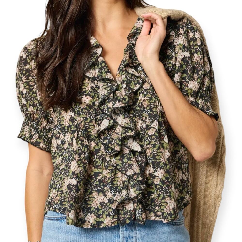 NWT Natural Life My Favorite Cotton Top Black Floral Ruffle Size XS
